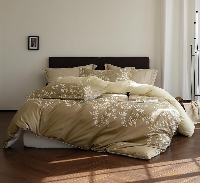 King Size Gradient Cotton Comforter Set, 3Pcs Flower Print Botanical Duvet for All Seasons, Luxury Warmth Breathable Bedding Set with 1 Lightweight Comforter and 2 Pillow Shams