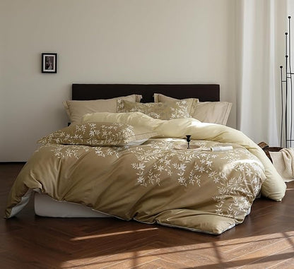 King Size Gradient Cotton Comforter Set, 3Pcs Flower Print Botanical Duvet for All Seasons, Luxury Warmth Breathable Bedding Set with 1 Lightweight Comforter and 2 Pillow Shams