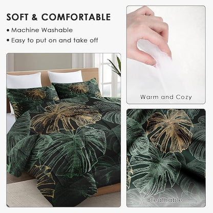 Queen Size Comforter Set with 2 Pillowcases, Green Tropical Leaves 3 Pcs Bedding for Kids and Adults, Monstera Palm Leaf Soft Comforter Set for Bedroom Bed Decor