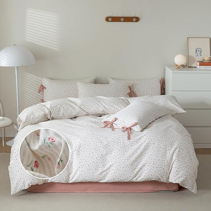 mixinni Boho Floral Comforter Sets Queen Size Soft Fluffy Bed Set Green Leaves Dusty Rose Pattern on White Comforter Set, 3 Pieces Cute Floral Bedding Set with 2 Bow Tie Pillowcases for All Season