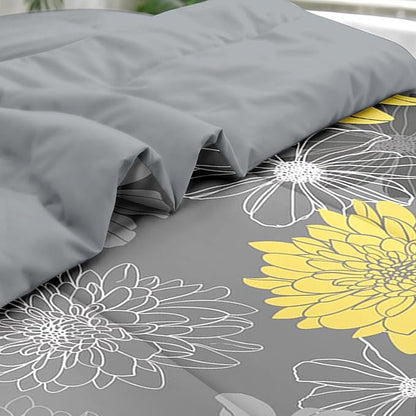 Comforter Set Queen Size, Vintage Flower 7 Pcs Bedding for Kids and Adults, Yellow Botanical Floral Bed Sheet Sets with Fitted Sheet 2 Pillowcases & 2 Shams