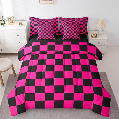 Feelyou Checkered 7 Piece Bedding Set Teen Dark Red Black Plaid Comforter Set with Sheets Twin Size Kids Boys Cute Retro Neutral Checkerboard Geometric Bed in a Bag Vintage Aesthetic Room Decor