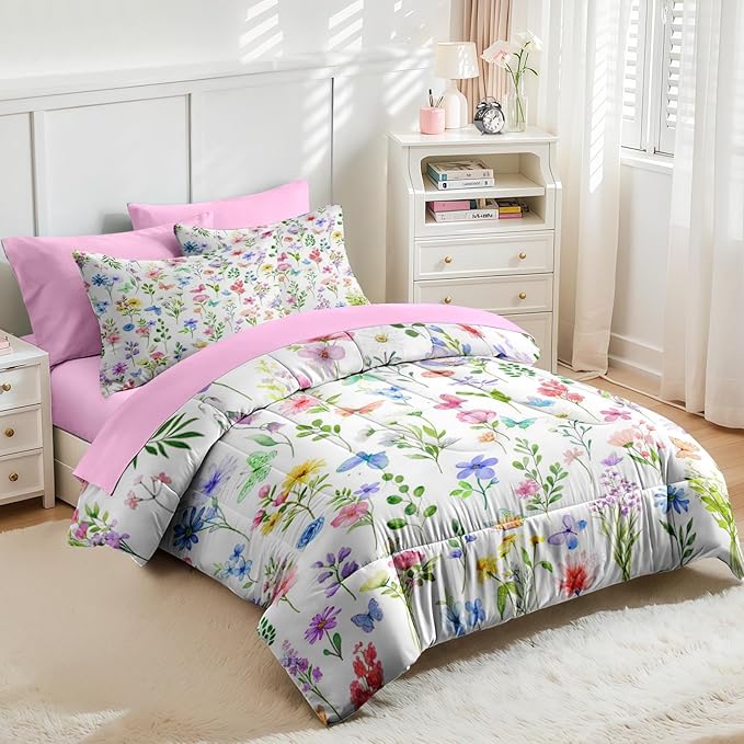Nesker 5 Pcs Spring Comforter Set Twin Size, Pastel Floral Bedding Set for Kids and Adults, Colorful Pink Butterfly Bed Sheet Sets with Fitted Sheet Pillowcase & Sham