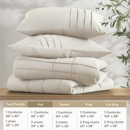 Comfort Spaces Neutral Full Size Comforter Set - 3 Pieces Pintuck Pleated Bedding Sets, All Season Lightweight, Extra Softness Pre-Washed Microfiber Full Bed Set, Shams, Full