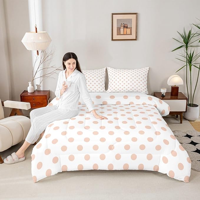 Manfei Polka Dots Pink White Comforter Set Twin Size,Geometric Circles Simple Art Bedding Set 2 Pcs for Boys Girls,Cute French Style Dots Cartoon Comforter,1 Pillowcase
