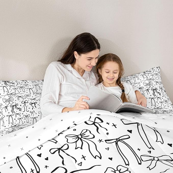 Castle Fairy Black Bowknot Bedding Sets Twin Size,Bow Tie Knot Pattern Comforter Set 2Pcs for Kids Girls Women Room Decor,Sweet Princess Style Quilted Duvet Girly Modern Down Comforter,1 Pillowcase