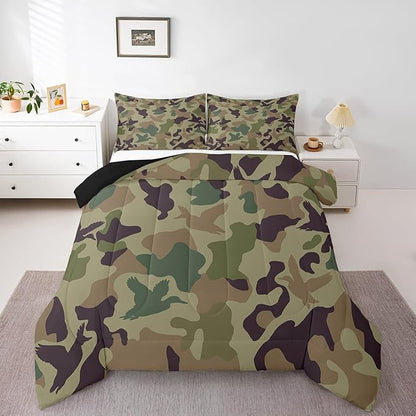 Erosebridal Camo Comforter Set Toddler Size Army Green Bedding for Kids Farmhouse Camouflage Hunting Comforter Vintage Brown Room Decor Wild Duck Rustic Animal Duvet Set