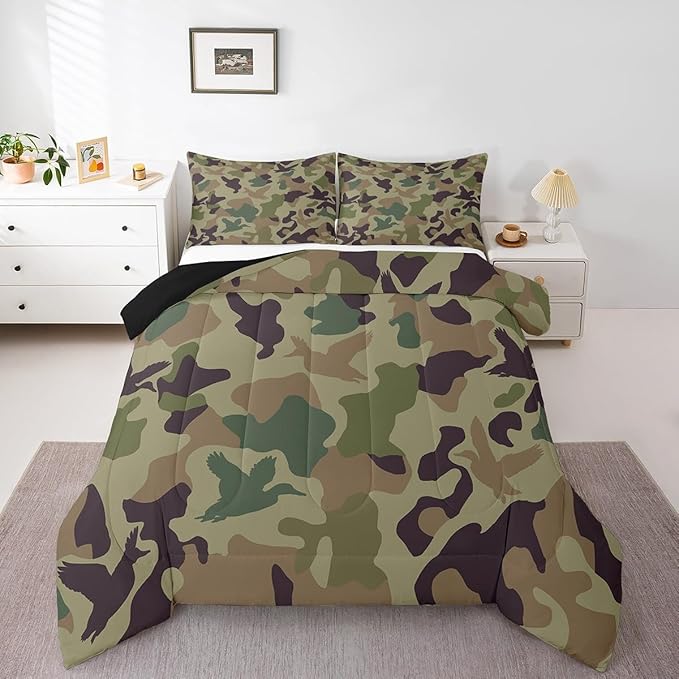 Erosebridal Camo Comforter Set King Size Army Green Bedding for Kids Farmhouse Camouflage Hunting Comforter Vintage Brown Room Decor Wild Duck Rustic Animal Duvet Set