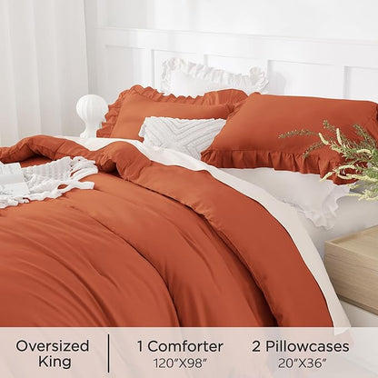 Andency Oversized King Comforter Set 120x98, 3 Pieces Ruffle Shabby Chic Famhouse Bedding Set, All Season Lightweight Fluffy Bed Set for Girls Women, Terracotta