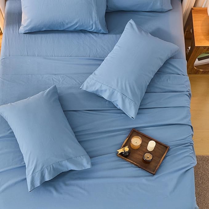 Bedlifes 100% French Linen Sheets California King Size 18-24" Extra Deep Pocket 4-Piece Set Breathable & Moisture-Wicking,Soft & Durable Sheets for Thick Mattresses(Flint Blue)
