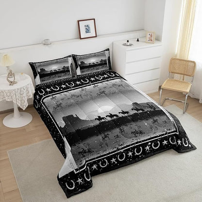 Feelyou Grey Western Decor Comforter Toddler Size Wild Western Cowboy Comforter Set for Boys Girls Children Horse Setting Sun Glitter Bedding Set Room Decor Horseshoes West Texas Star Duvet Set 2Pcs