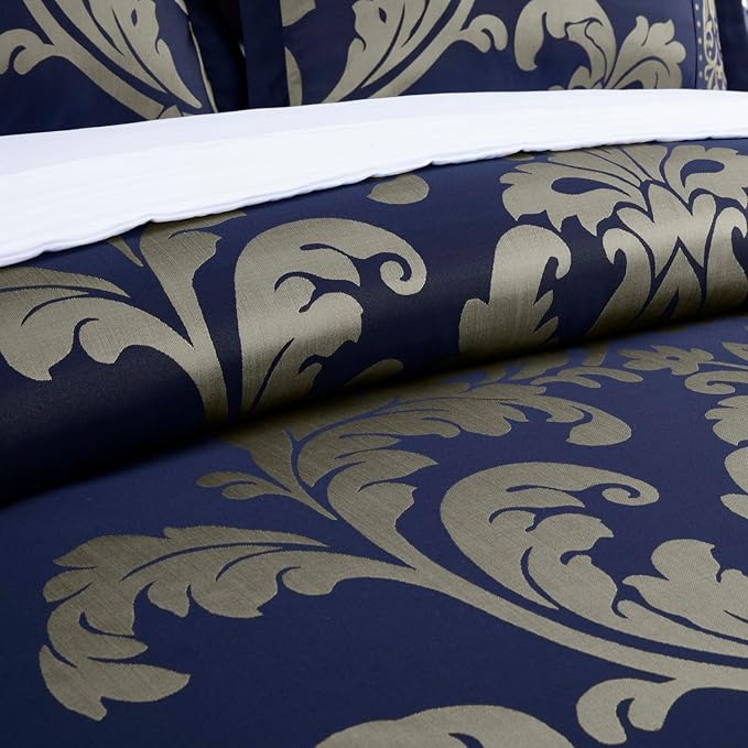 Chezmoi Collection Valor 7-Piece California King Bed in a Bag, Navy/Gold Luxury Jacquard Floral Comforter with Sheets Set for All Season