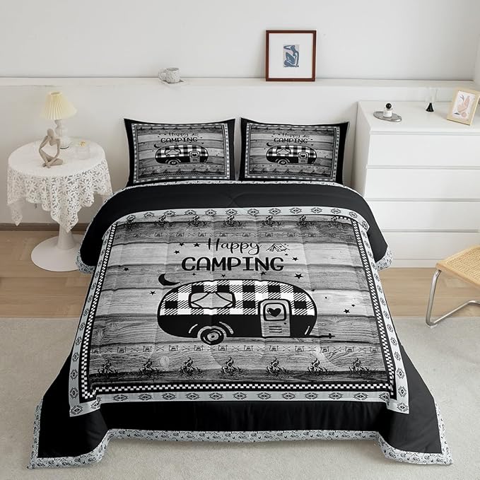 Feelyou Camper Comforter Set Full Size Kids Happy Camping Comforter for Boys Teens Vinatge Buffalo Check Wood Grain Southwestern Bedding Set Black White Duvet Set Room Decor