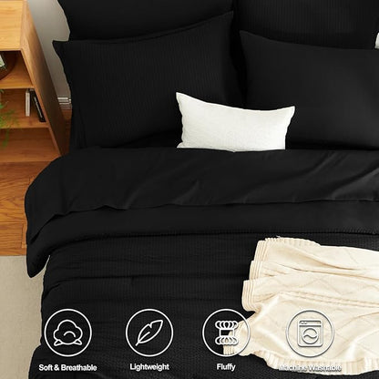 CozyLux Queen Comforter Set Black - 7 Pieces Striped Seersucker Bed in a Bag, Soft Lightweight Boho Bedding Set with All Season Comforters Queen Size, Sheets, Pillowcases & Shams