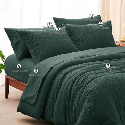 CozyLux Oversized King Comforter Set Forest Green Seersucker 7 Pieces 120x98 Bed in a Bag Comforter Set with Sheets, Luxury Bedding Sets with Down Alternative Comforter, Sheets, Pillowcases & Shams