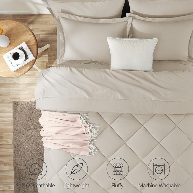 CozyLux Oversized King Comforter Set Beige - 7 Pieces Bed in a Bag Comforter Set with Sheets, Luxury Soft Bed Set All Seasons, Bedding Set with Down Alternative Comforter, Sheets, Pillowcases & Shams