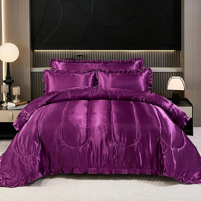 Purple King Comforter Silk Like Bedding 4 Pcs Hotel Soft Polyester Satin Bed Set Luxury Silky Body Pillow Cover Ruffle Home Decor