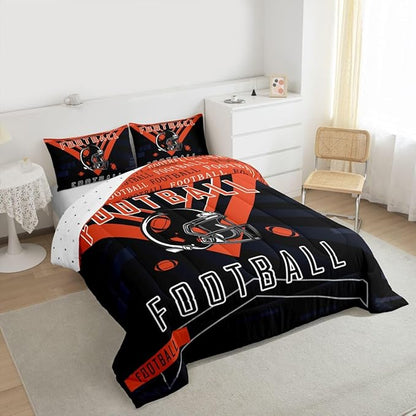 Feelyou Football Bedding Set Boys Girls King Size Women Men Rugby Sports Comforter Football City Duvet Quilt Orange Black Room Decor