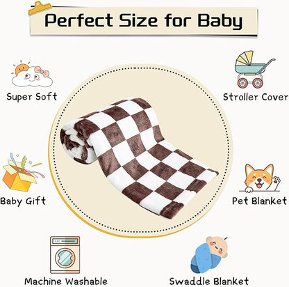 Yurhap Checkered Baby Blanket Fleece Baby Blankets Neutral for Boys Girls, Super Soft Warm Lightweight Infant Toddler Newborn Receiving Gifts for Crib Stroller, 30x40 Inch, Brown