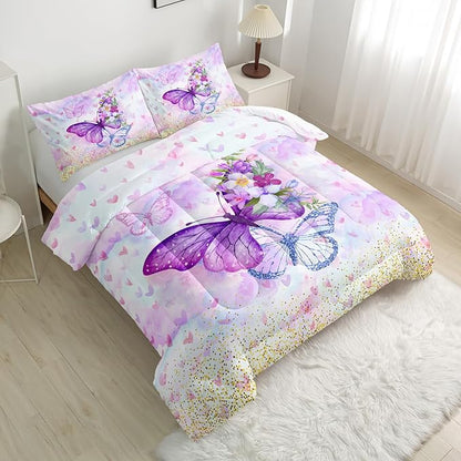 Violet Butterfly Comforter Set Queen Size 3 Pieces Bedding Set for Kids Teen Boys,，Cute Flower Butterfly Bedding Set for Bedroom Soft Microfiber All Season 3pcs(1 Comforter With 2 Pillowcases)