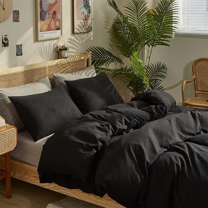 Pureant Black Comforter Queen Solid Color Bedding Set Pure Black Queen Comforter for Women Men Soft Breathable Dark Color Comforter Set 3 Pieces Lightweight Adults Queen Size Bed