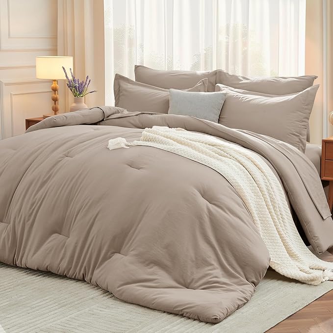 MUXHOMO 7 Pieces Full Comforter Set, Soft Bed in a Bag Full Size, All Season Bedding Set with Comforter, Flat Sheet, Fitted Sheet, Pillowcases & Shams, Linen