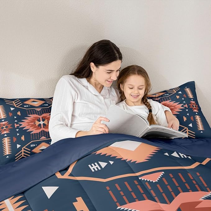 Southwest American Comforter Set Full Size Indian Tribal Aztec Style Quilt Set Vintage Navy Blue Red Bedding Set 3pcs for Kids Teens Adults Room Decor Abstract Art Duvet Insert,2 Pillowcases