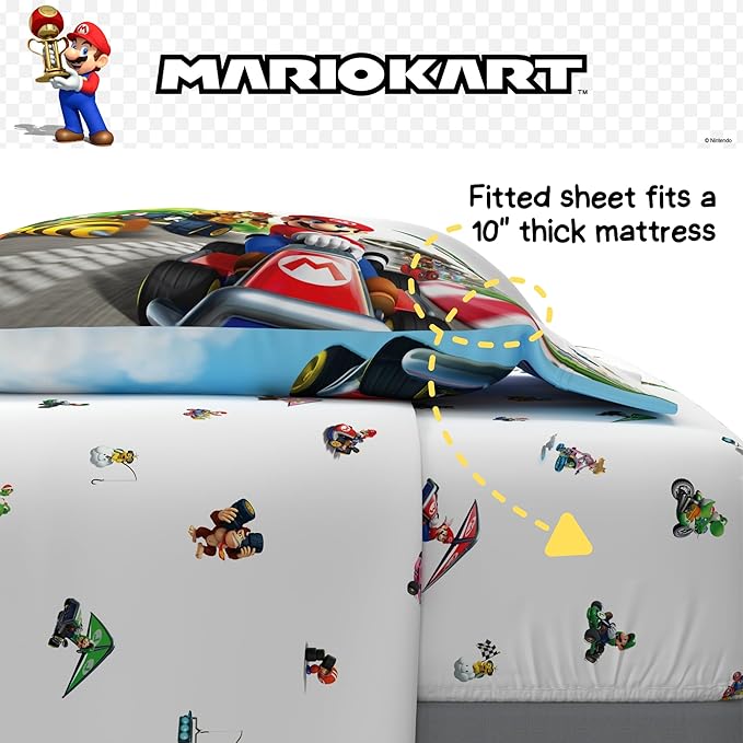 Super Mario Kart Game Kids Bedding Set, Full Size, 5-Piece Super Soft Cozy Reversible Comforter & Sheet Set (Officially Licensed Product) by Franco | Durable, Reversible, Officially Licensed