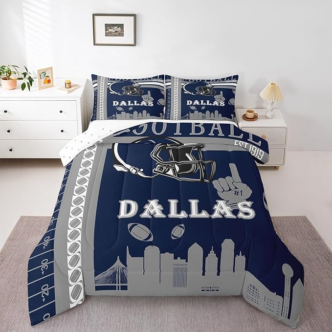 Feelyou Football Bedding Set Boys Girls Full Size Women Men Rugby Sports Comforter Football City Duvet Quilt Gray Dark Blue Room Decor