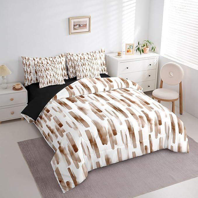 Erosebridal 7Pcs Brown and White Geometric Twin Comforter Set for Kid Teens Adults,Modern Abstract Striped Bedding,Boho Graffiti Watercolor Boho Bed in A Bag for Men,Contemporary Aesthetic Art Quilt