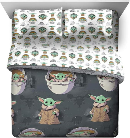 Jay Franco Star Wars The Mandalorian The Child 5 Piece Queen Bed Set - Includes Reversible Comforter & Sheet Set - Bedding Features Baby Yoda - Super Soft Fade Resistant Microfiber Official Product