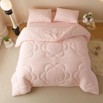 Luxlovery Pink Floral Comforter Set King Boho Light Pink Sunflower Quilts Blush Pink Bedding Comforter Set Rustic Plain Color Soft Breathable Cozy Comforter Women Girls