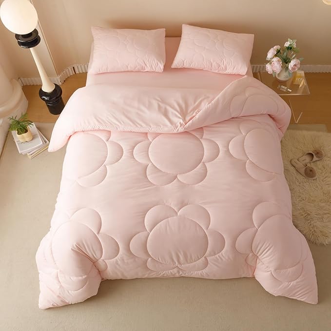 KAREVER Pink Flower Comforter Full Pink Sunflower Print Bed Full Comforter Set 3 Pieces Dark Pink Floral Comforter Set for Boys Girls Teens Bedroom Decor All Season Hotel Quality Comforter Set