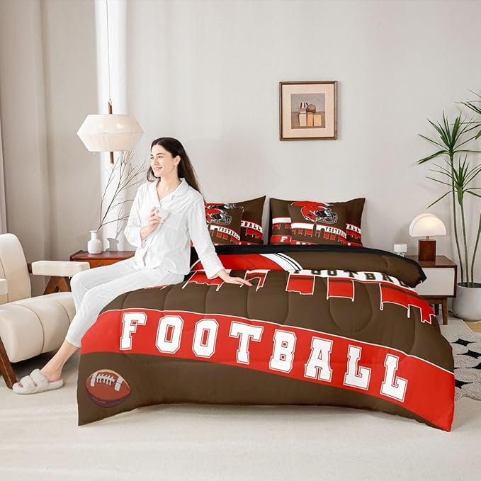Erosebridal Football City 7 Pcs Comforter Set Queen Football Bedding for Boys Girls Brown Red Rugby Game Sheet Set Bed in A Bag Football Fans Bedroom Decor Sports Ball Team Quilt