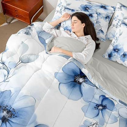 Erosebridal Blue Flower Queen Comforter Set with Sheets for Women, Boho Floral 7 Pcs Bedding Set for Girls, Aesthetic Watercolor Flower Bed Sets, Ink Painting Style Blossom & Leaf Bed in A Bag