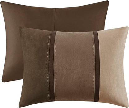 Madison Park Palisades Comforter Set Modern Faux Suede Pieced Stripe Design, All Season Down Alternative Cozy Bedding with Matching Shams, Decorative Pillows, Cal King(104"x92"), Brown 7 Piece