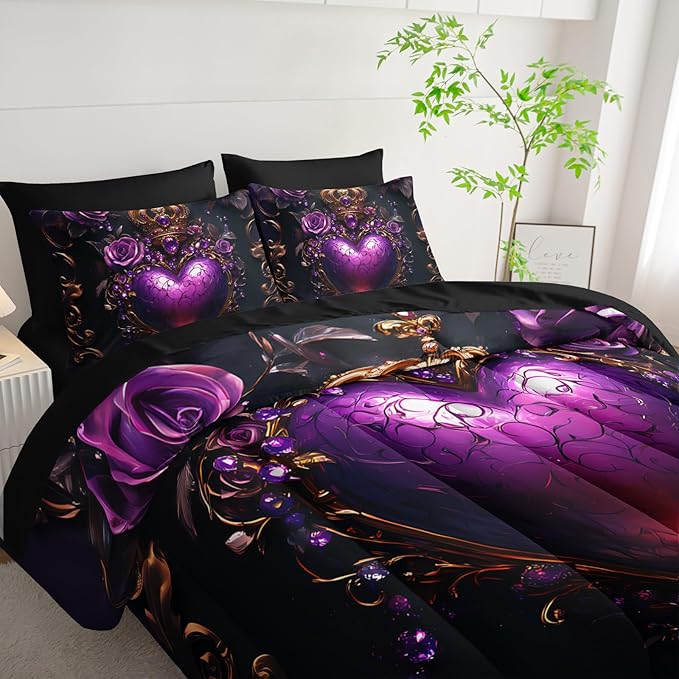 7 Piece Heart Comforter Set Full Purple，Flower Heart Pattern Full Bedding Set，(1 Comforter, 1 Flat Sheet, 1 Fitted Sheet, 2 Pillowcase and 2 Pillow Sham)