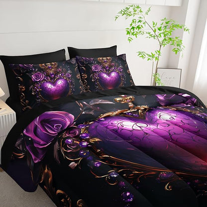 7 Piece Heart Comforter Set Full Purple，Flower Heart Pattern Full Bedding Set，(1 Comforter, 1 Flat Sheet, 1 Fitted Sheet, 2 Pillowcase and 2 Pillow Sham)