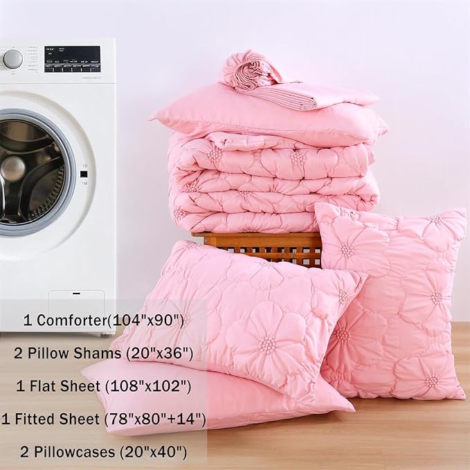 Pink Pinch Pleat Comforter Set King Size-7 Pieces Bedding Comforter Bed in A Bag-Lightweight Microfiber Bedding Set with Comforter,Fitted Sheet,Flat Sheet and Pillow Shams-104 x90