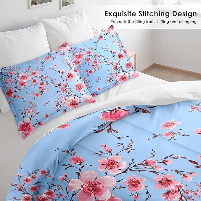 Comforter Set Full Size, Cherry Floral Flower 3 Pcs Soft Bedding Set for Kids and Adults, Summer Vintage Tree Comforter Set with 2 Pillowcases, for Bedroom Bed Decor