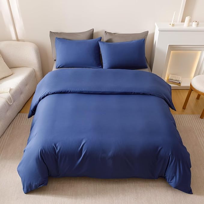 Houseri Royal Blue Comforter Set California King Neutral Navy Bedding Men Women Japanese Style Solid Blue Vintage Farmhouse Bed Sets Cal King Size