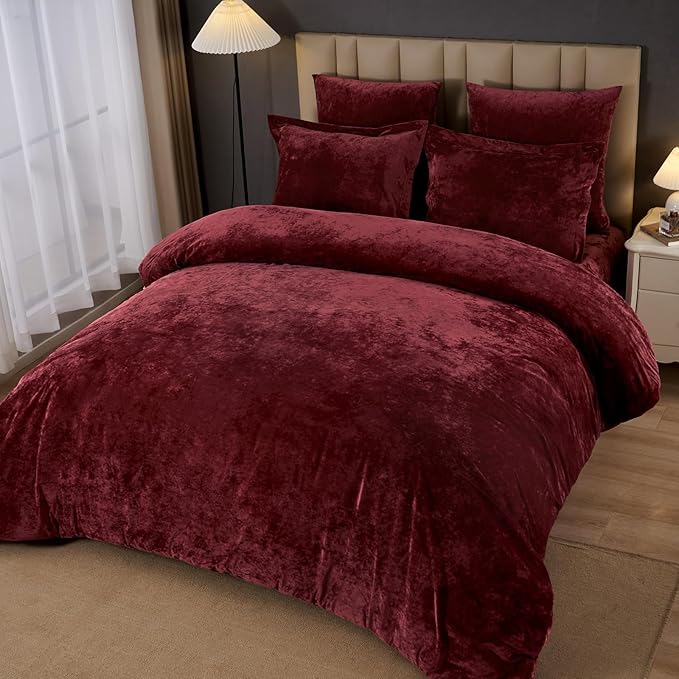 PHF Crushed Velvet Comforter Set King Size, 5-Piece Luxury Winter Bedding Sets with 2 Euro Shams, Heavyweight Warm Fluffy Velvet Bed Spread, Glam Home Decor, Wine Red/Burgundy