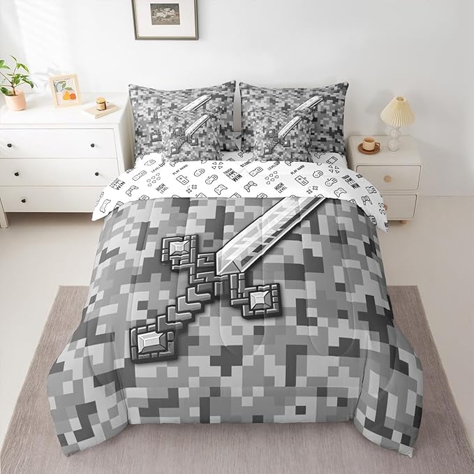 Castle Fairy Grey Pixel Style 7 Piece Comforter Sets King Size,Geometric Miner Grid All Season Reversible Bed in a Bag Cool Sword Bedding Sets Video Games Flat Sheet,Fitted Sheet,Pillowcases