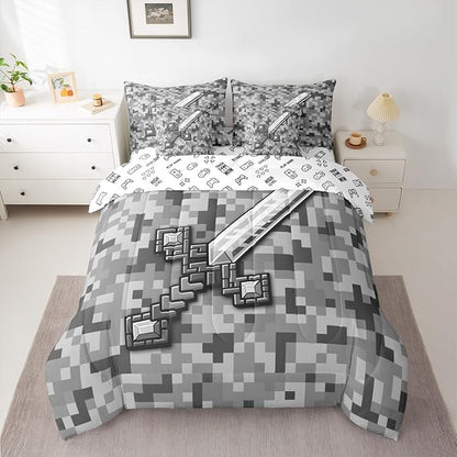 Castle Fairy Grey Pixel Style 7 Piece Comforter Set Queen Size,Geometric Miner Grid All Season Reversible Bed in a Bag Cool Sword Bedding Sets Video Games Flat Sheet,Fitted Sheet,Pillowcases