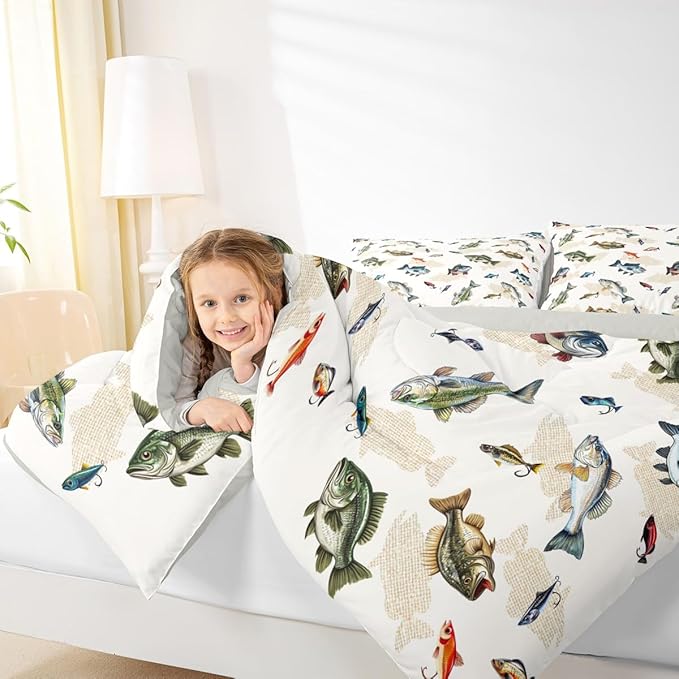 Erosebridal Camo Fishing King Comforter Set - Pike Fish Big Bass Bedding Set for Boys Kids | Hunting Themed Camouflage Quilt | Lake House Fisherman Bedroom Decor with 2 Pillowcases