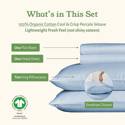 California Design Den Soft 100% Organic Cotton King Size Sheets Set - Crisp and Cool Percale Sheets King Size, Deep Pockets with Anti-Skid Elastic, Breathable and Durable Bedding Set - Light Blue