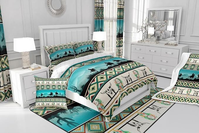 Erosebridal Horse Decor Western Comforter Set Full,Farm Animals Quilt Indian Tribal Geometric Aztec Bedding Sets,Exotic Dream Catcher Feather Duvet Insert Farmhouse Western Decor,Green