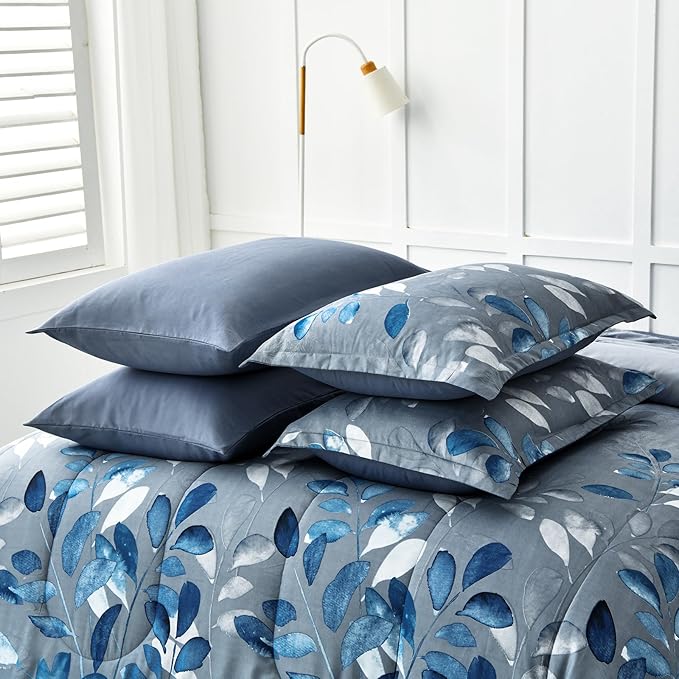 Blue Comforter Set Full Size 7 Piece Botanical Leaves Gradient Bed in a Bag Ultra Soft Microfiber Down Alternative Bedding Set Lightweight Reversible Bed Comforter Set for All Season 78" x 90"