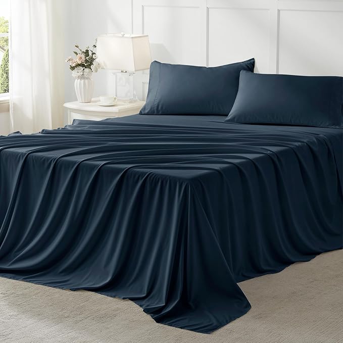 Anluoer California King Size Bed in a Bag 7 Pieces,Navy Blue Cal King Comforter Set with Sheets,All Season Bedding Sets with Comforter,Pillow Shams,Pillowcases,Flat Sheet,Fitted Sheet
