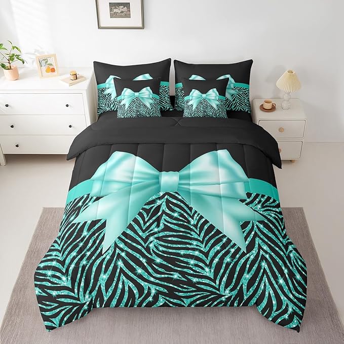 Feelyou Teal Bowknot 7 Piece Bedding Set Queen Size Glitter Print Comforter Set with Sheets for Kids Girls Adult Cute Bowknot Bed in a Bag Black Silver Bed Set